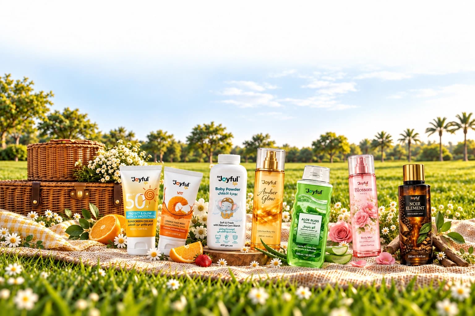 Enjoyful Life products on a picnic blanket in a sunny park
