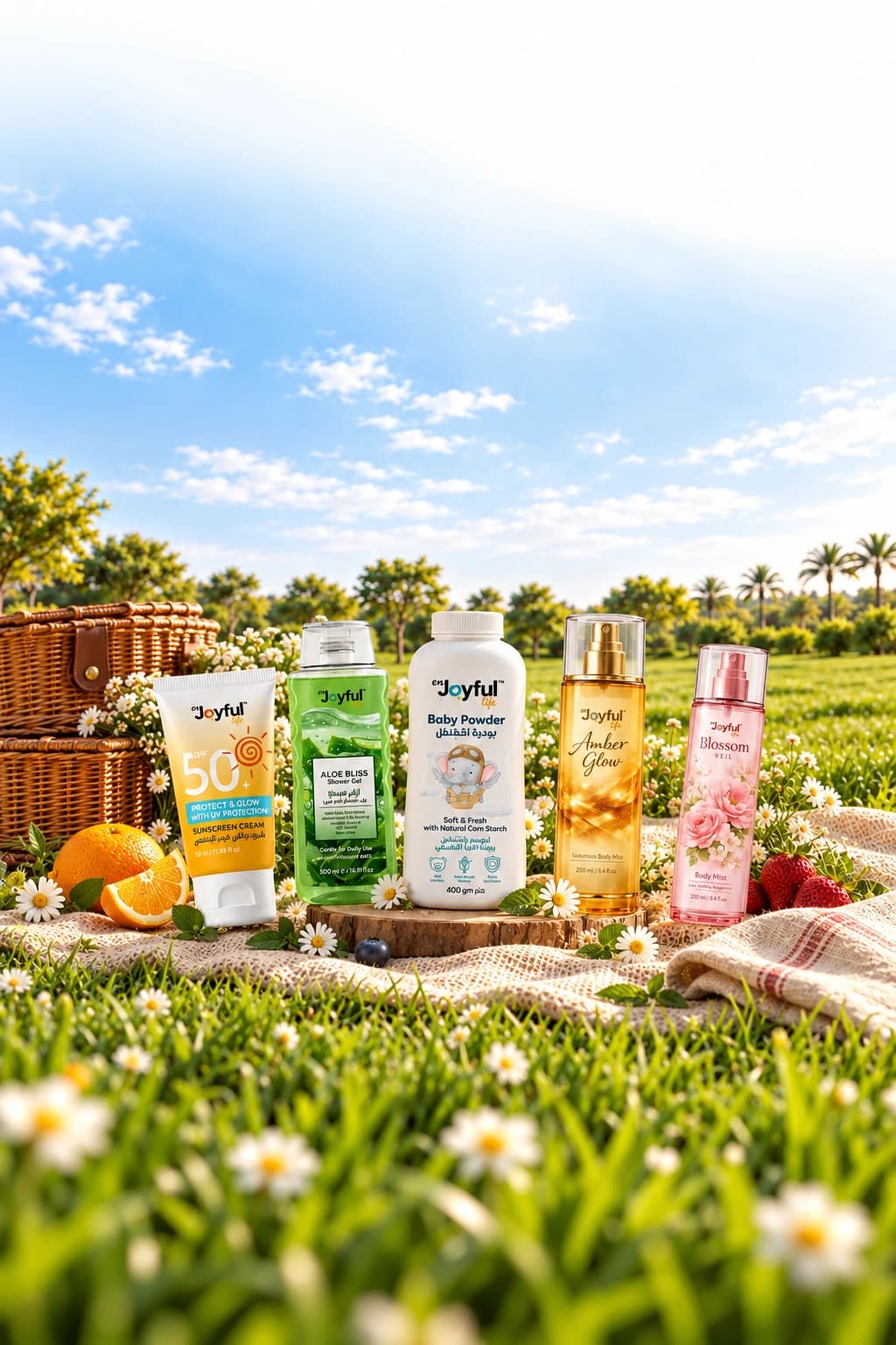 Enjoyful Life products on a picnic blanket in a sunny park