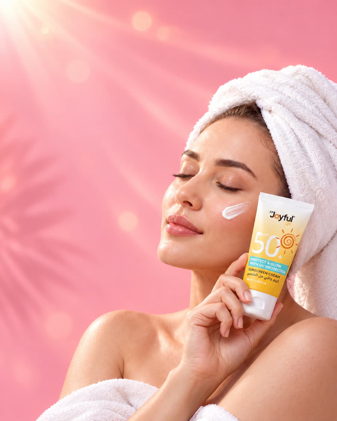 Woman holding Enjoyful Life SPF 50+ sunscreen