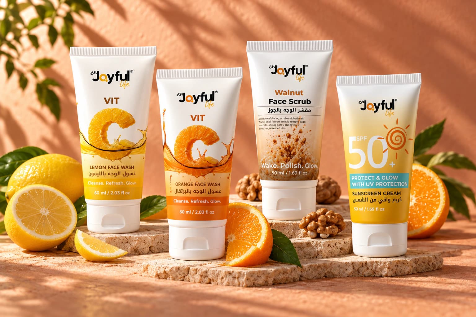 Enjoyful Life products with citrus and walnut ingredients